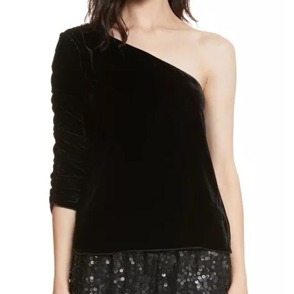 Joie Black Silk Blend Velvet One Shoulder Ruched Sleeve Asymmetrical Top Size 10 - Picture 8 of 11